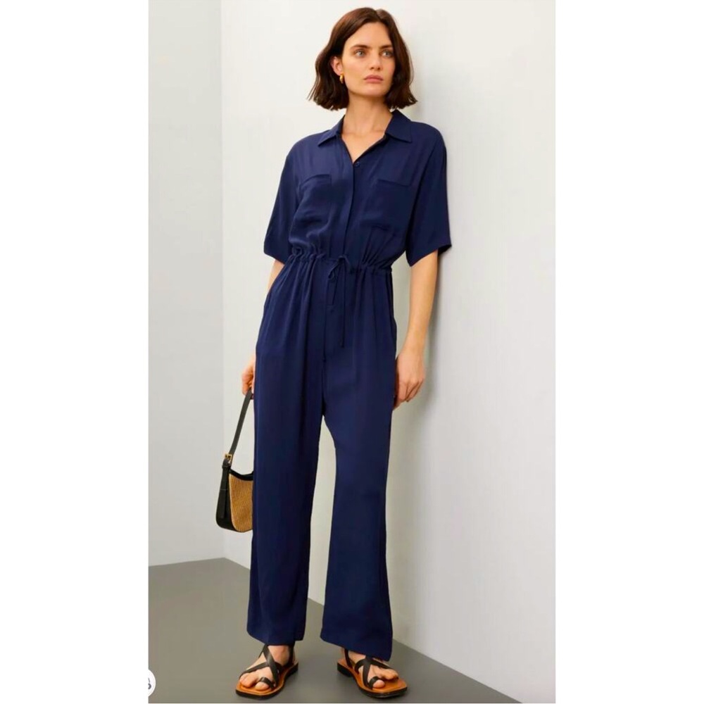 Thakoon Navy Crepe Jumpsuit Size 10 Short Sleeve Tie Waist Wide Leg Minimal Chic